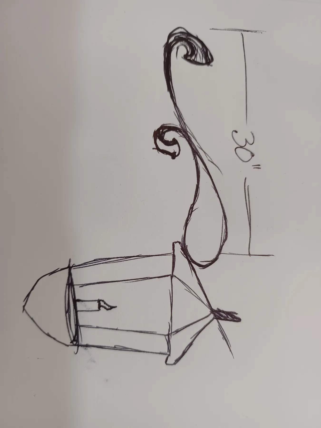 Christopher's pencil sketch of a hanging lantern on a scroll bracket
